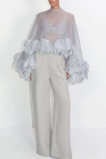 Light Grey Sheer Organza Blouse with 3D Petal Ruffle Sleeves