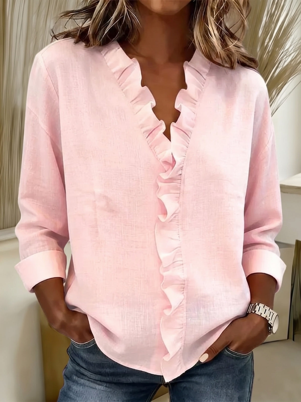 Indie | Blouse with Ruffles, V-Neck and Long Sleeves