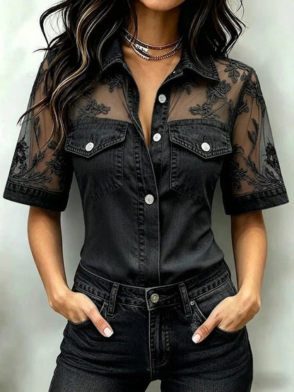 Floral Lace Mesh Denim Shirt