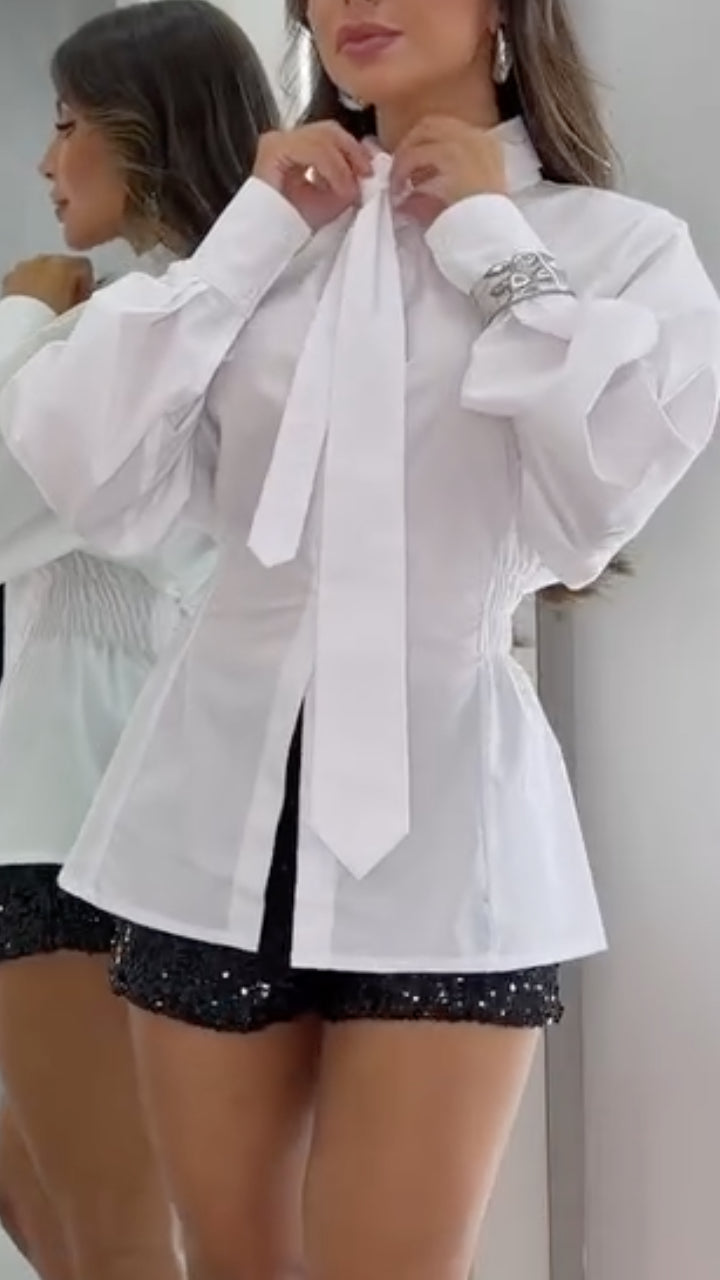 Two Piece White Ruched Shirt + Black Sequin Shorts Set