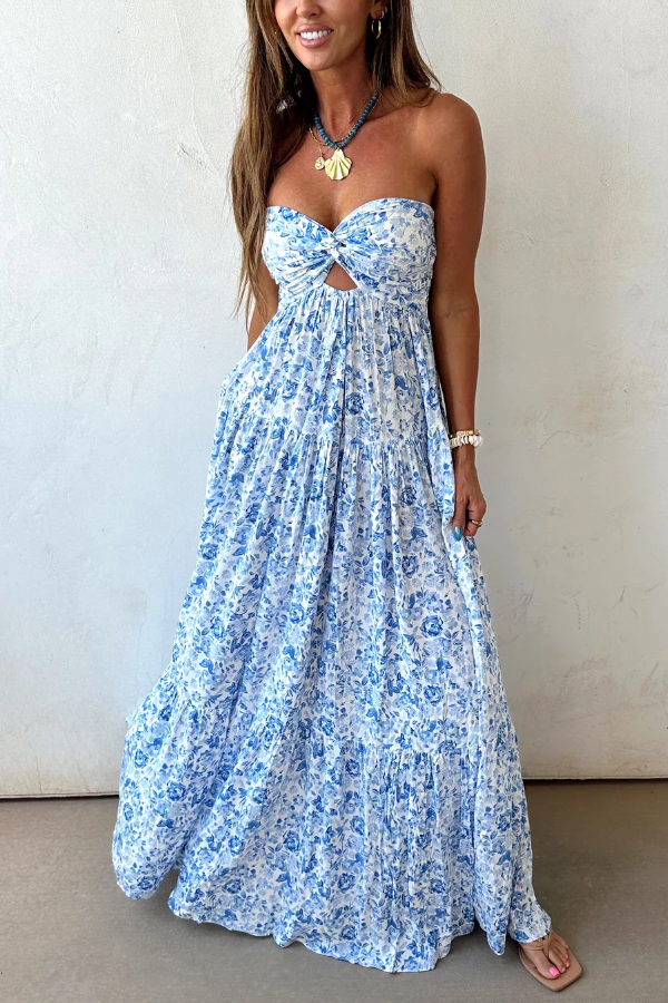 Blue Floral Cutout Twist Bust Maxi Dress – Summer Boho Elegance