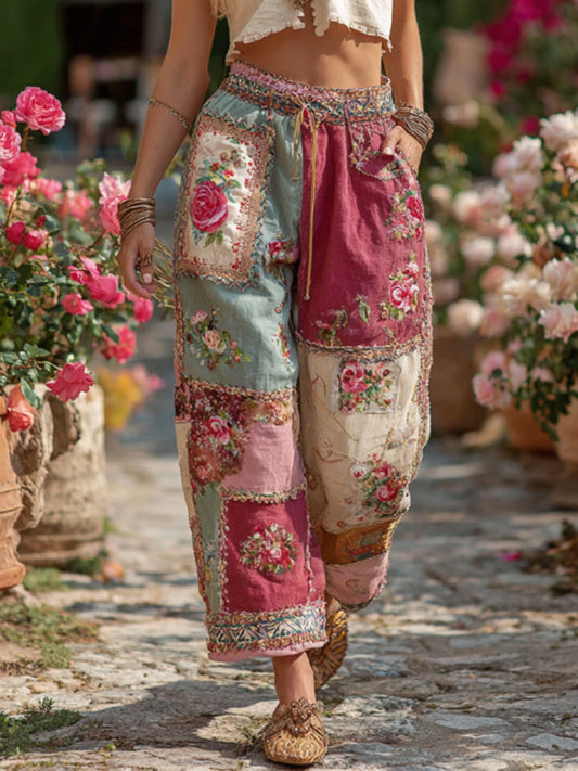 Vintage Retro Rose And Floral Patchwork Art Linen Pants