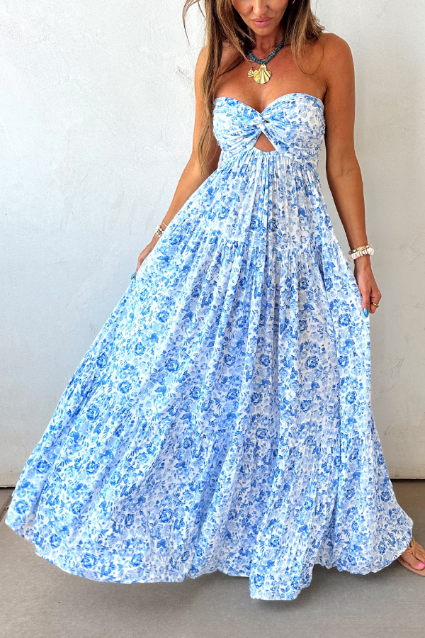 Blue Floral Cutout Twist Bust Maxi Dress – Summer Boho Elegance