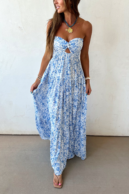 Blue Floral Cutout Twist Bust Maxi Dress – Summer Boho Elegance