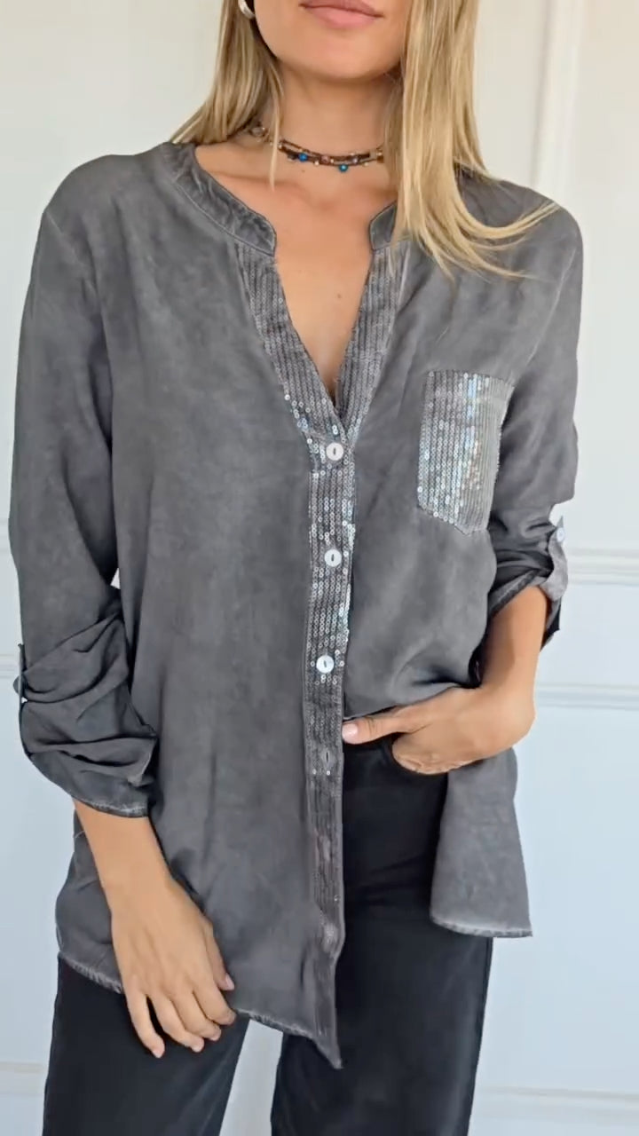 Women's V-Neck Cotton-Linen Casual Top with Sequin Splicing