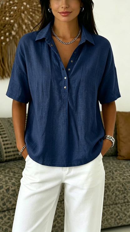 Women’s Cotton Linen Polo Shirt – Casual Short Sleeve Summer Top