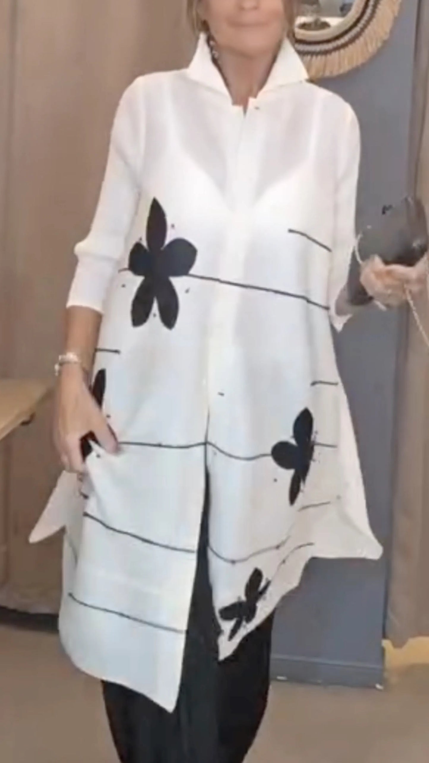Women's Printed Longline Lounge Shirt with Lapel Collar
