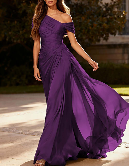 One-Shoulder Pleated Chiffon Maxi Dress