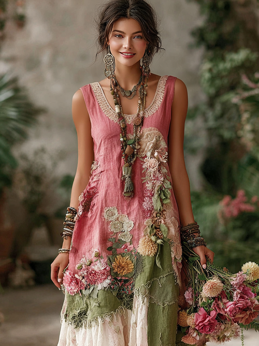 Women's Floral Patchwork Embroidered Sleeveless Round Neck Dress
