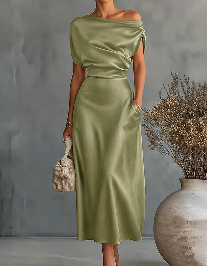 Dusty Blue Asymmetric Off-the-Shoulder Draped Satin Midi Dress