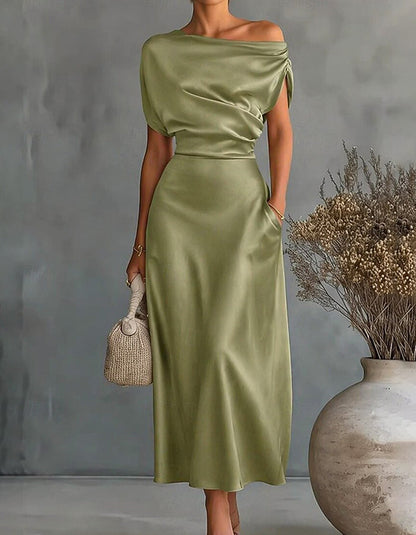 Dusty Blue Asymmetric Off-the-Shoulder Draped Satin Midi Dress