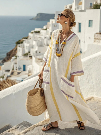 Resort Stripe V-Neck Kaftan Maxi Dress
