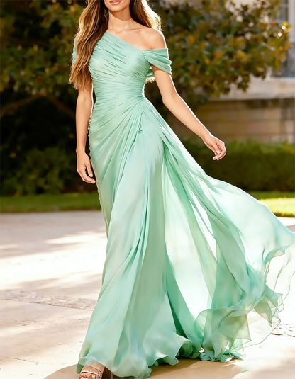 One-Shoulder Pleated Chiffon Maxi Dress