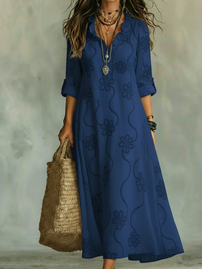 Embroidered V Neck Maxi Dress Casual Fit