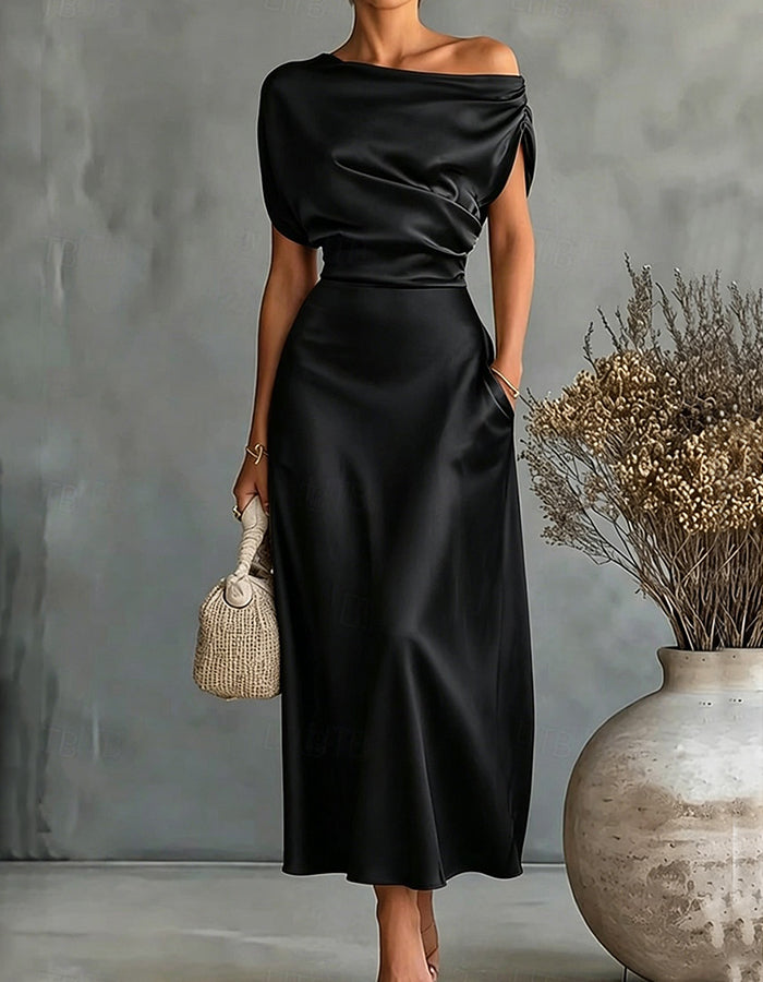 Dusty Blue Asymmetric Off-the-Shoulder Draped Satin Midi Dress