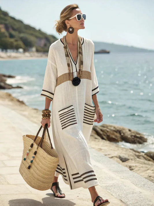 Resort Stripe V-Neck Kaftan Maxi Dress