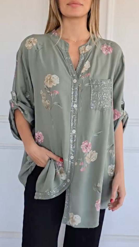 Women's V-Neck Casual Top with Print, Sequins, and Contrast Splicing