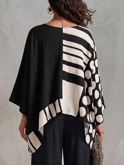 Women's Polka Dot & Geometric Print V-neck 3/4-sleeve Casual Loose Cotton-linen Top
