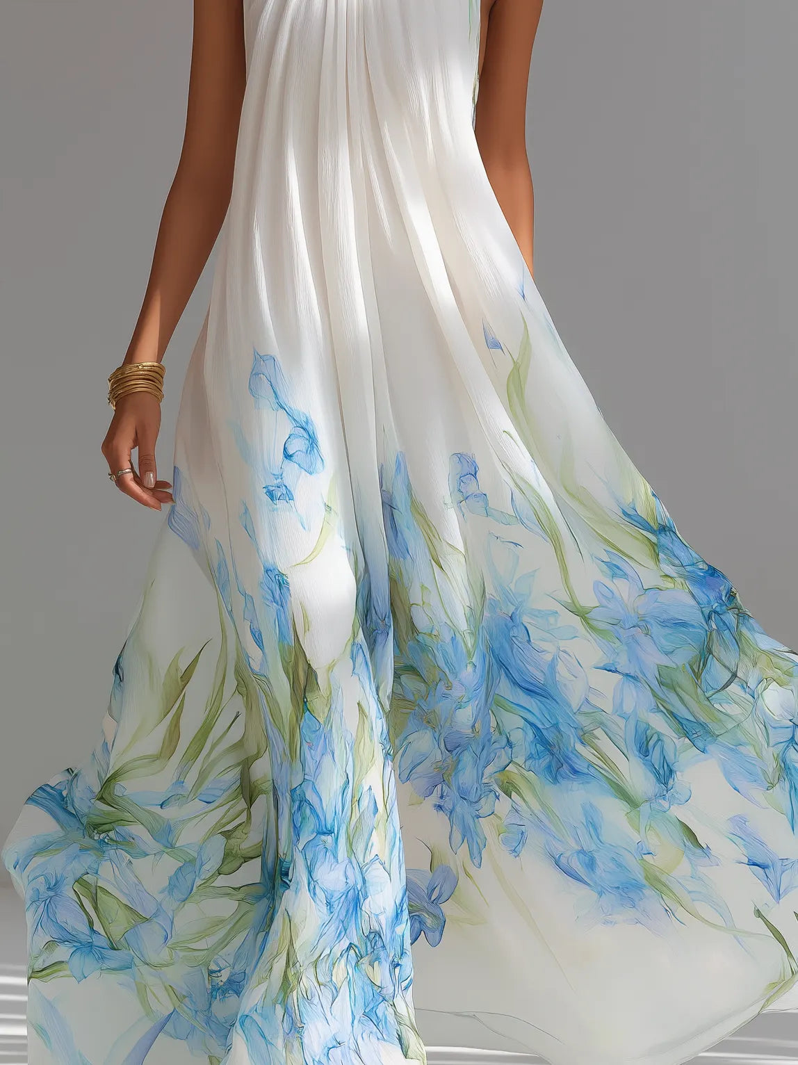 White Blue Floral Halter Maxi Dress – Elegant Resort Vacation Style