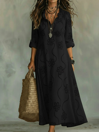 Embroidered V Neck Maxi Dress Casual Fit