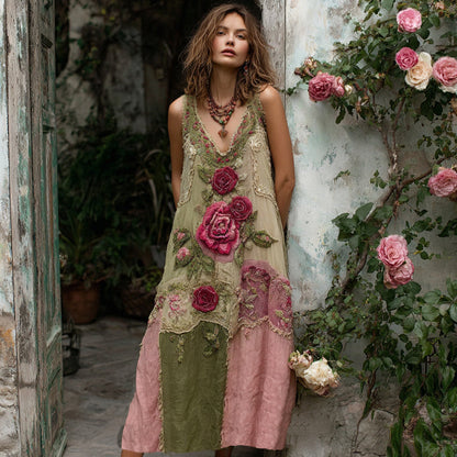 Women's Vintage Rose Art Print Linen Maxi Dress