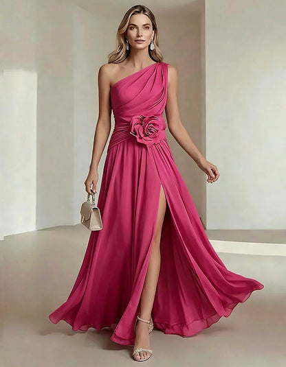 Solid Color One Shoulder Chiffon Dress With 3D Floral High Slit Maxi Dress