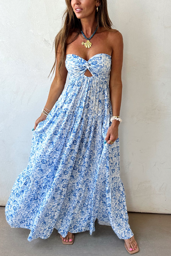 Blue Floral Cutout Twist Bust Maxi Dress – Summer Boho Elegance