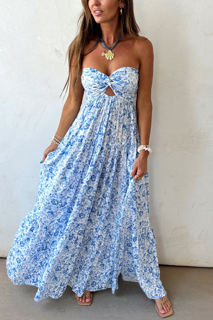 Blue Floral Cutout Twist Bust Maxi Dress – Summer Boho Elegance