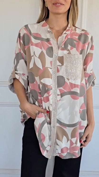 Women's V-Neck Casual Top with Print, Sequins, and Contrast Splicing