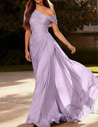 One-Shoulder Pleated Chiffon Maxi Dress