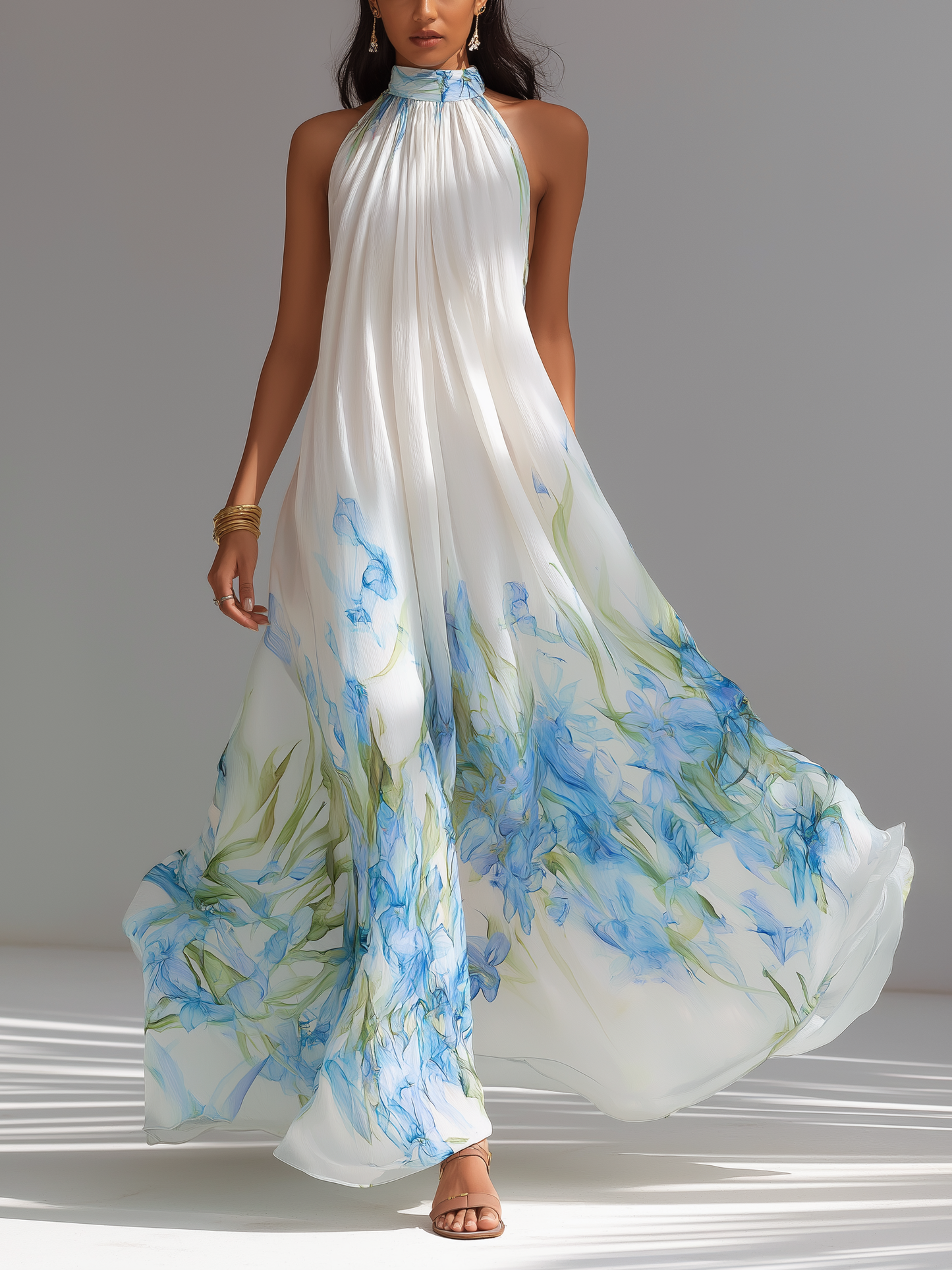 White Blue Floral Halter Maxi Dress – Elegant Resort Vacation Style