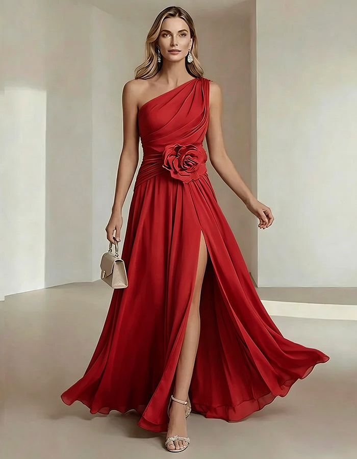 Solid Color One Shoulder Chiffon Dress With 3D Floral High Slit Maxi Dress