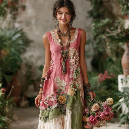 Women's Floral Patchwork Embroidered Sleeveless Round Neck Dress