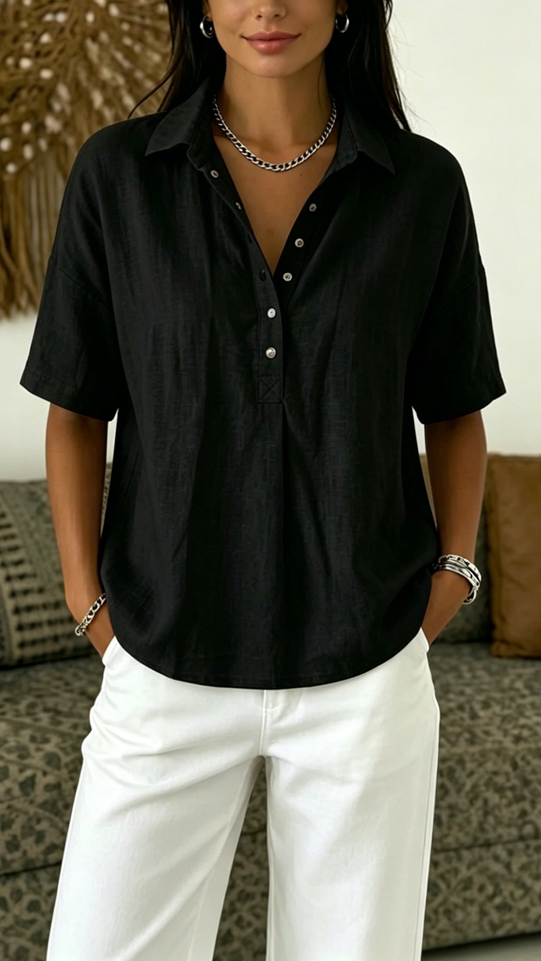 Women’s Cotton Linen Polo Shirt – Casual Short Sleeve Summer Top