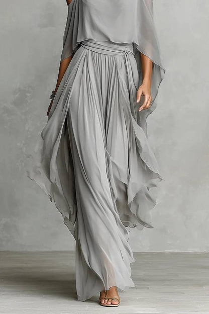 Silver Grey Cold-Shoulder Chiffon Top & Flowing Pants Set