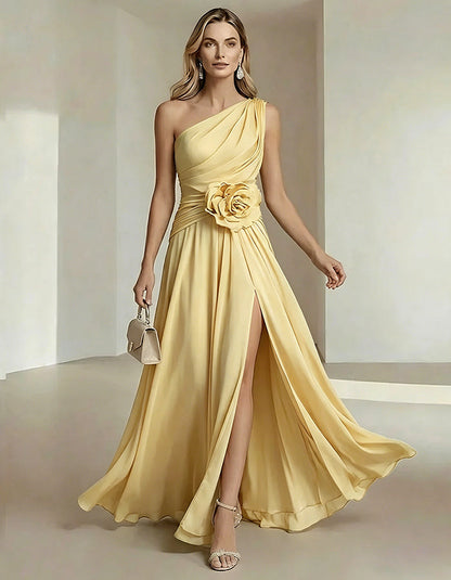 Solid Color One Shoulder Chiffon Dress With 3D Floral High Slit Maxi Dress