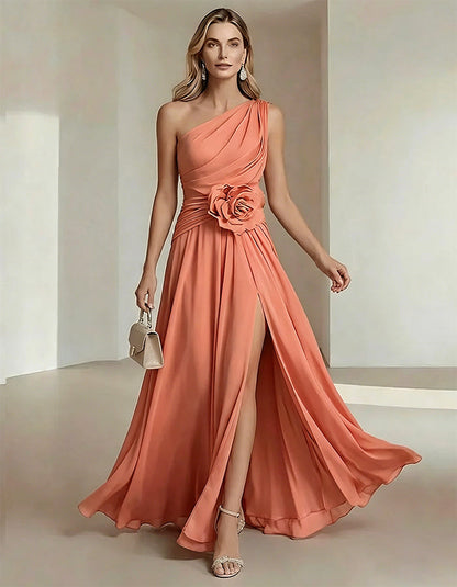 Solid Color One Shoulder Chiffon Dress With 3D Floral High Slit Maxi Dress