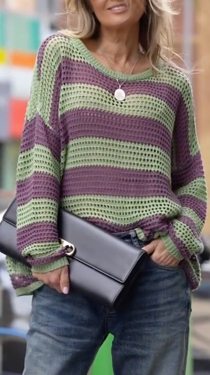 Women's Striped Open-Knit Loose Sweater & Jeans Set