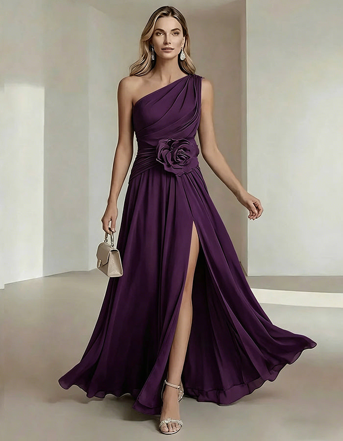 Solid Color One Shoulder Chiffon Dress With 3D Floral High Slit Maxi Dress