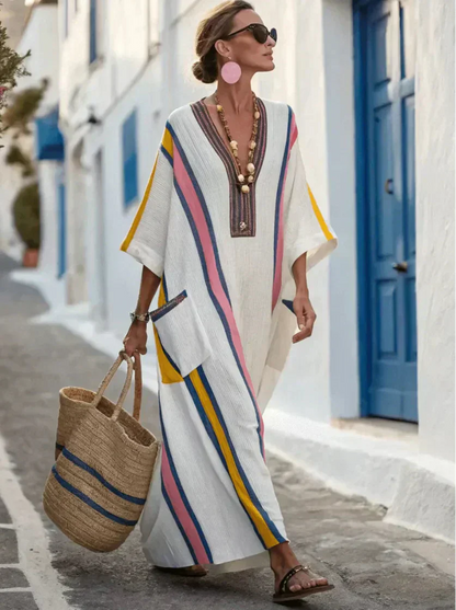 Resort Stripe V-Neck Kaftan Maxi Dress