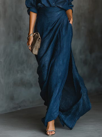 Cotton And Linen Blend Draped Shirt & Skirt Set – Elegant Minimal Two Piece Outfit