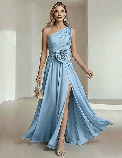 Solid Color One Shoulder Chiffon Dress With 3D Floral High Slit Maxi Dress