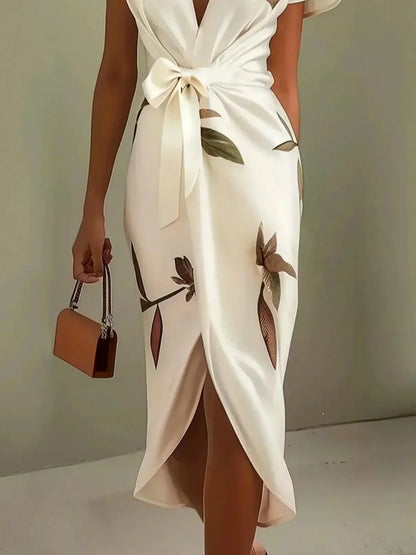 Elegant Satin Wrap-Tie Botanical Midi Dress