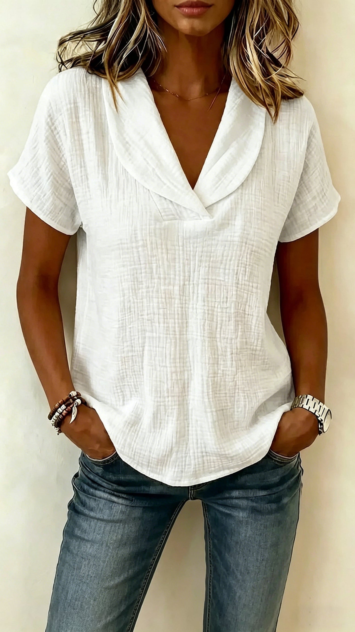 Women's Short-Sleeve Crepe V-Neck Casual Fashion T-Shirt