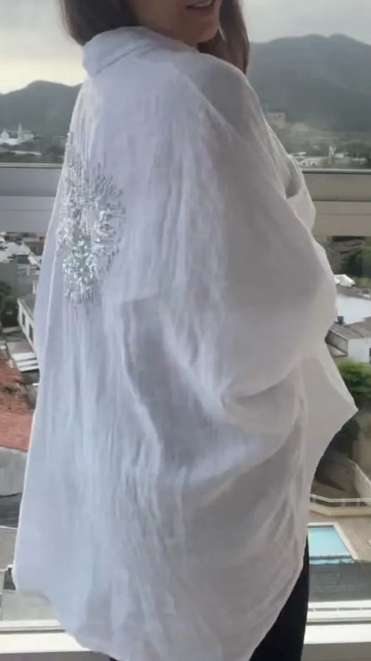 White Linen Button Down Shirt with Sequin Heart Embroidery