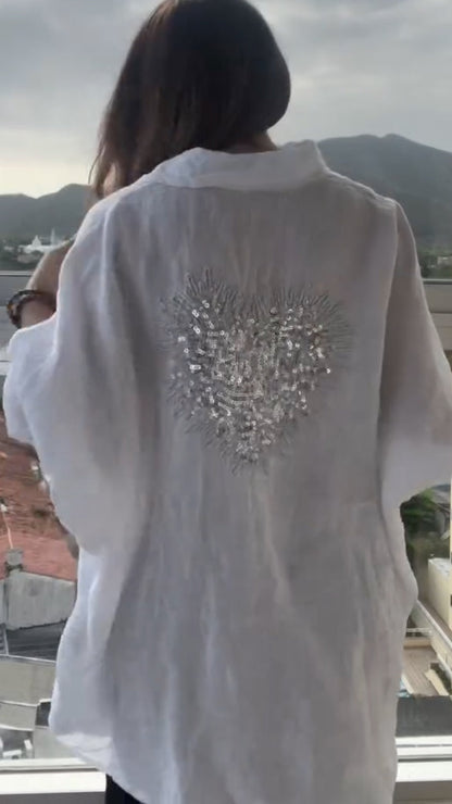 White Linen Button Down Shirt with Sequin Heart Embroidery