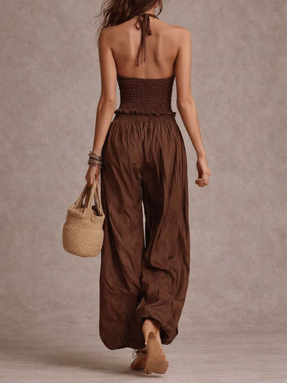 Bohemian Halter Smocked Wide-Leg Jumpsuit