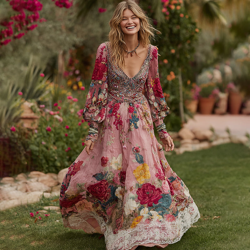 Women's Vintage Floral Print V-neck Long Sleeve Maxi Dress