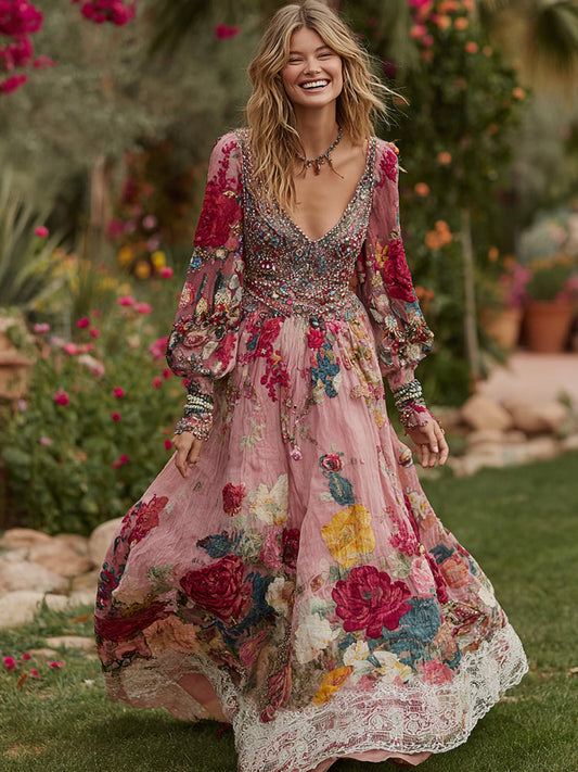 Women's Vintage Floral Print V-neck Long Sleeve Maxi Dress