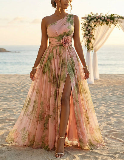 Pink Rose Print Off Shoulder 3d Floral Waist Cinching Chiffon Maxi Dress